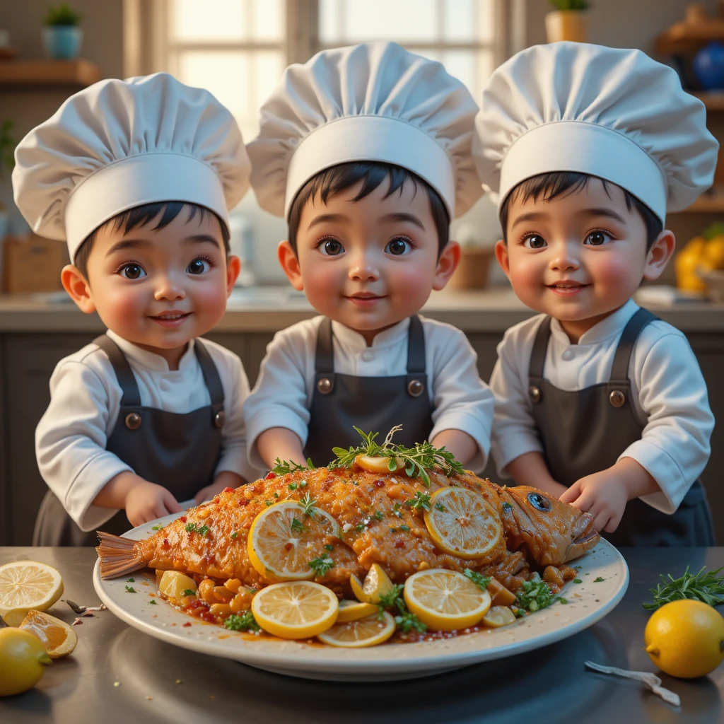 Baby chefs presenting a fried fish dish with garnishes
