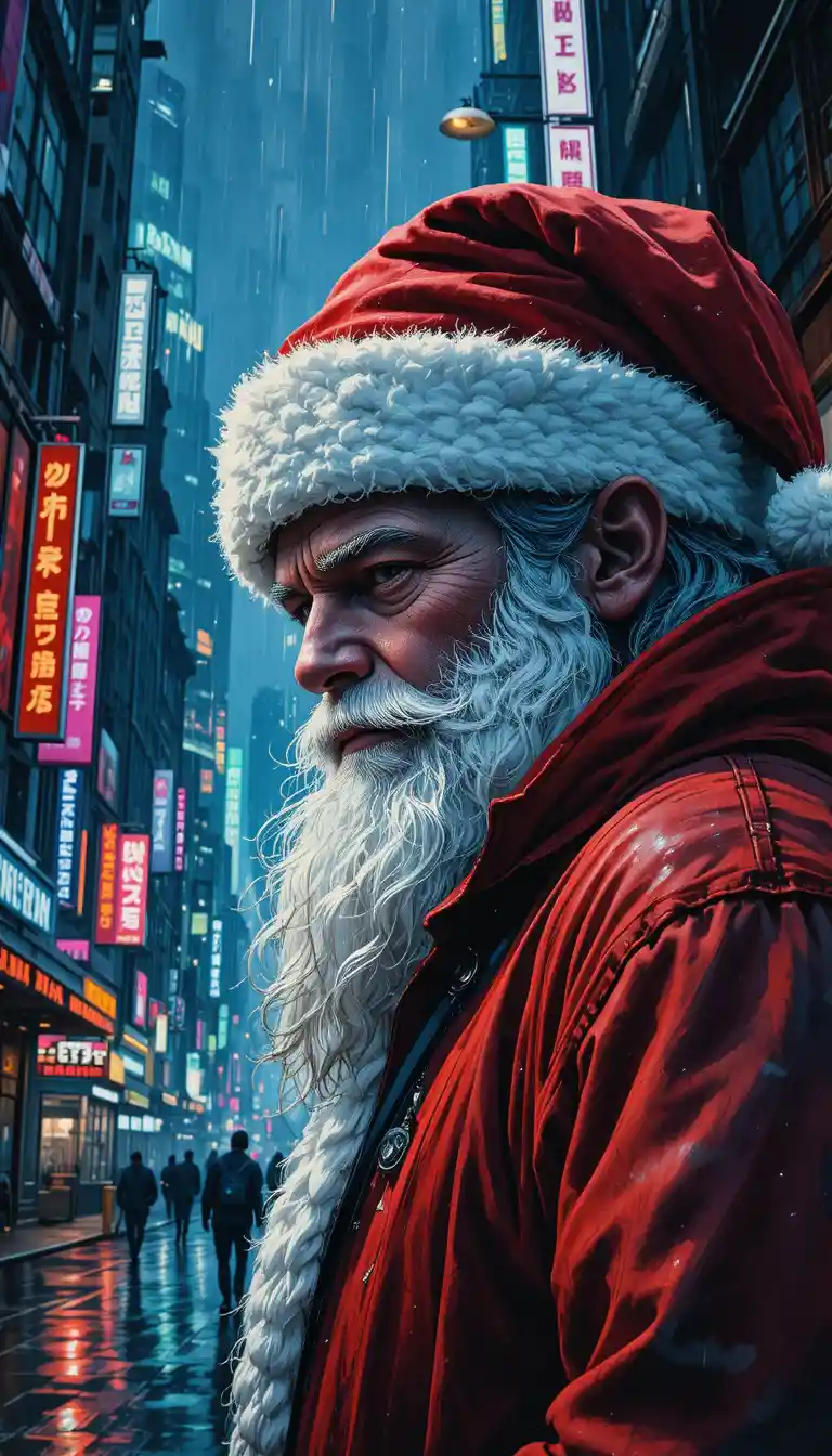 Père Noël cyberpunk dans une rue de ville pluvieuse éclairée au néon
