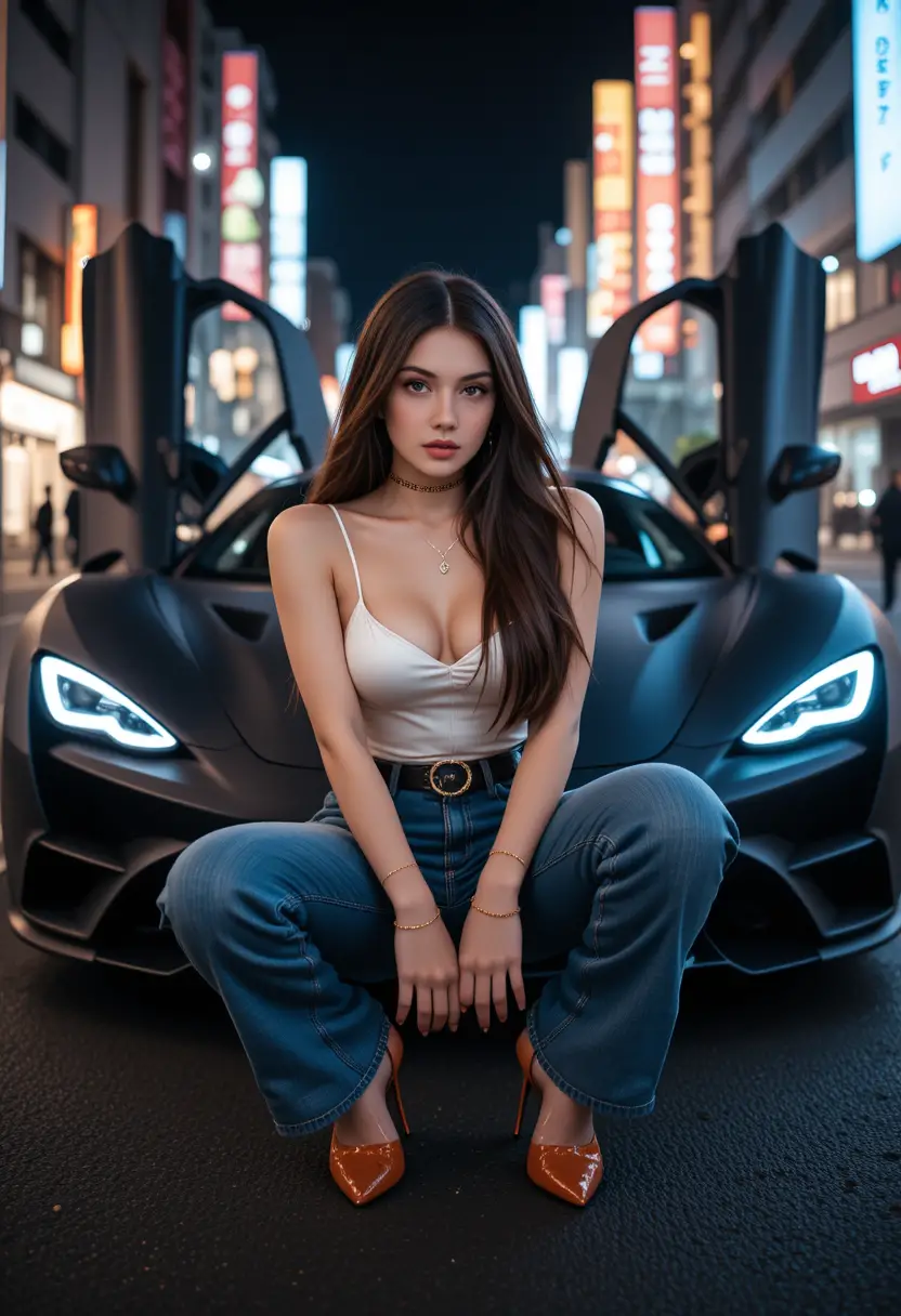 Stylish woman posing by futuristic sports car at night