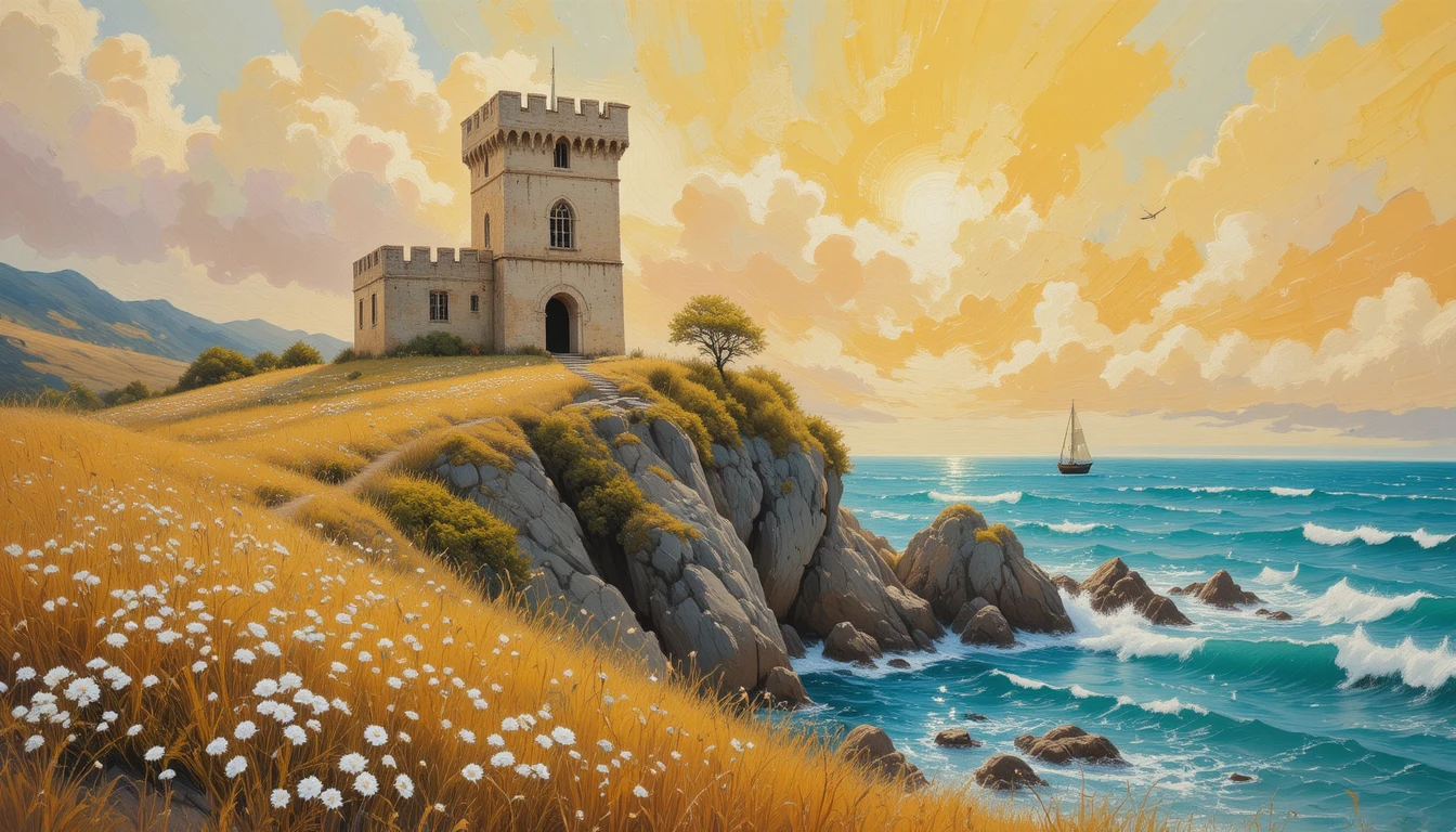 Impressionist sunset castle on a rocky coastal cliff