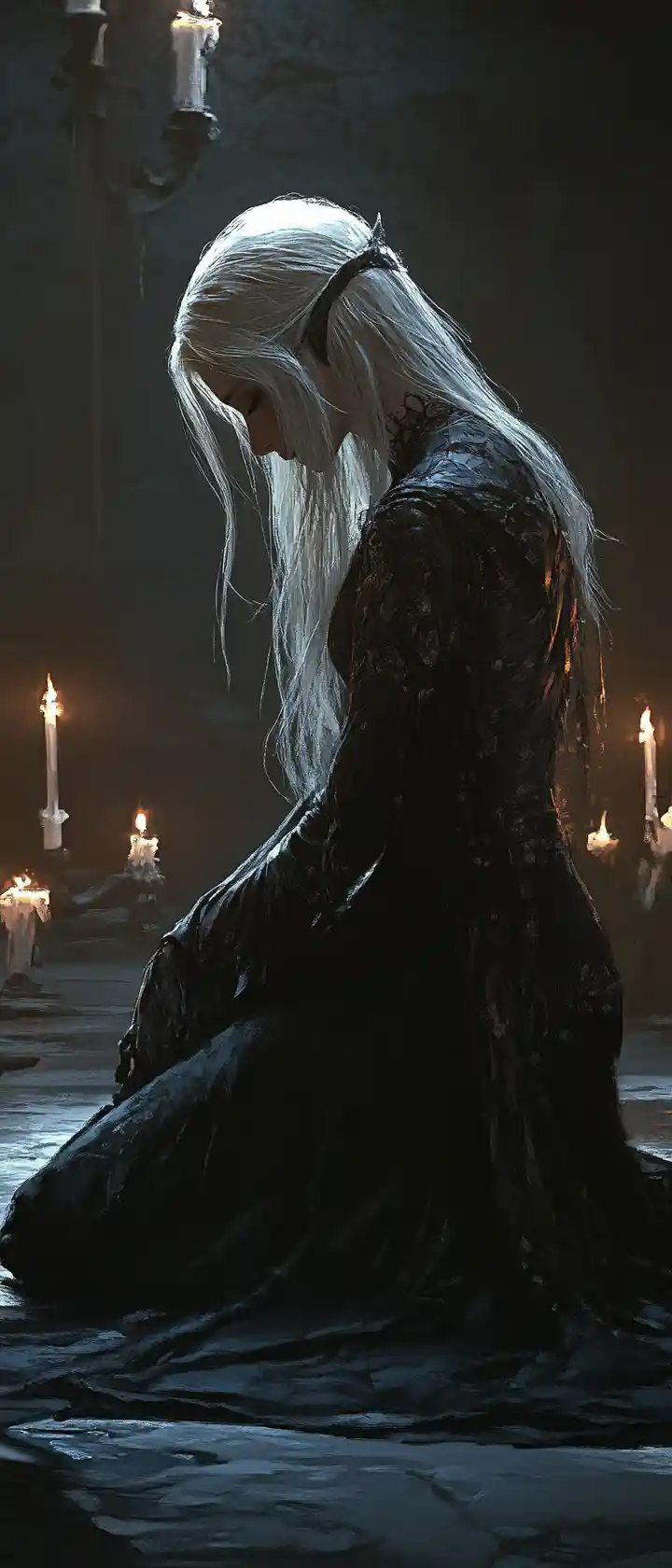 Horned gothic woman kneeling in candlelit dungeon