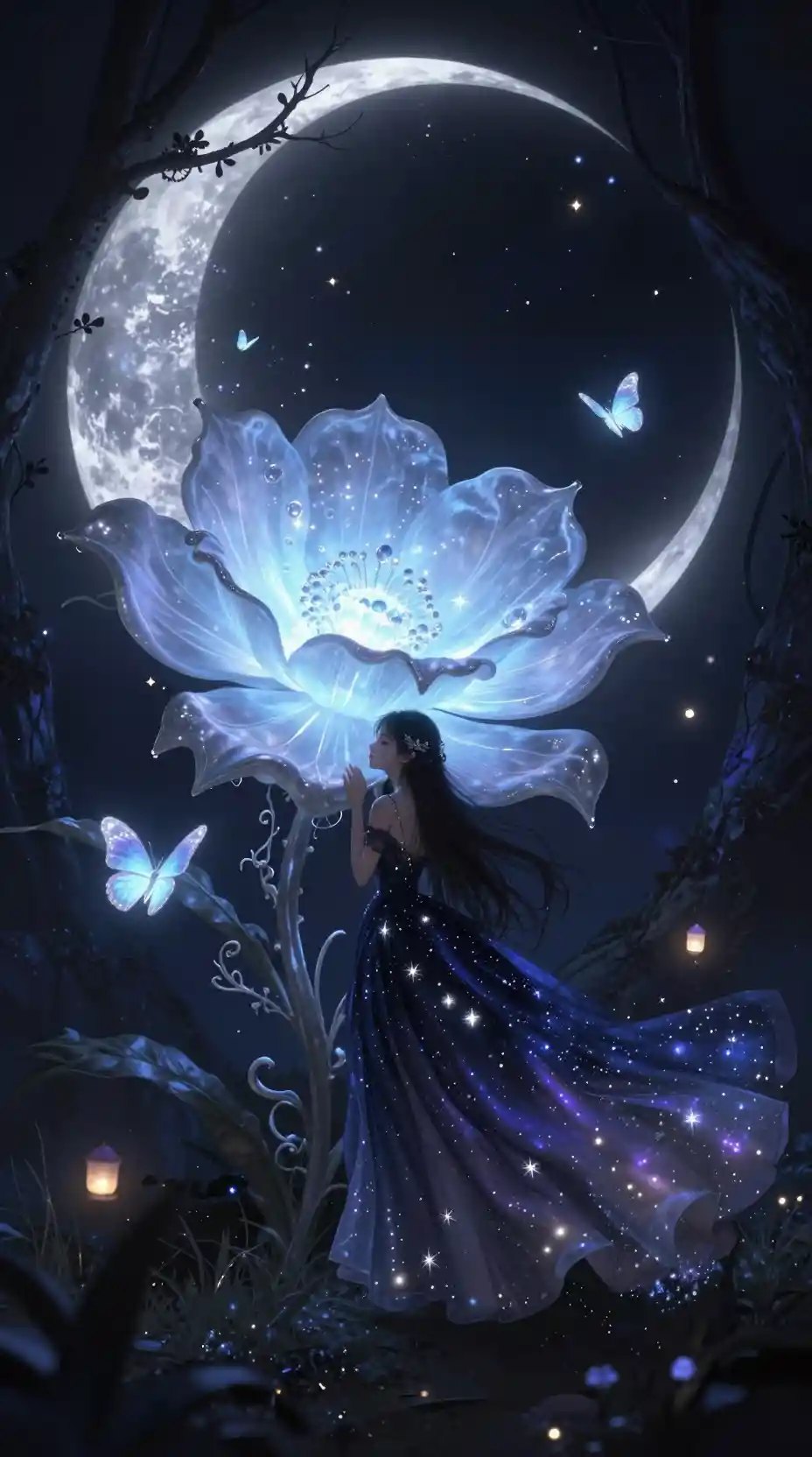 Girl resting by a glowing moon flower in enchanted forest