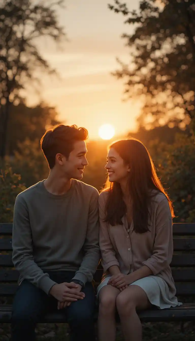 Young couple on a park bench in warm sunset light