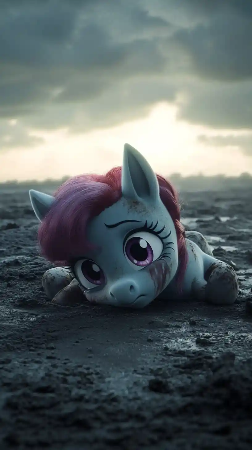 Ragazza pony anime traumatizzata distesa in una landa desolata