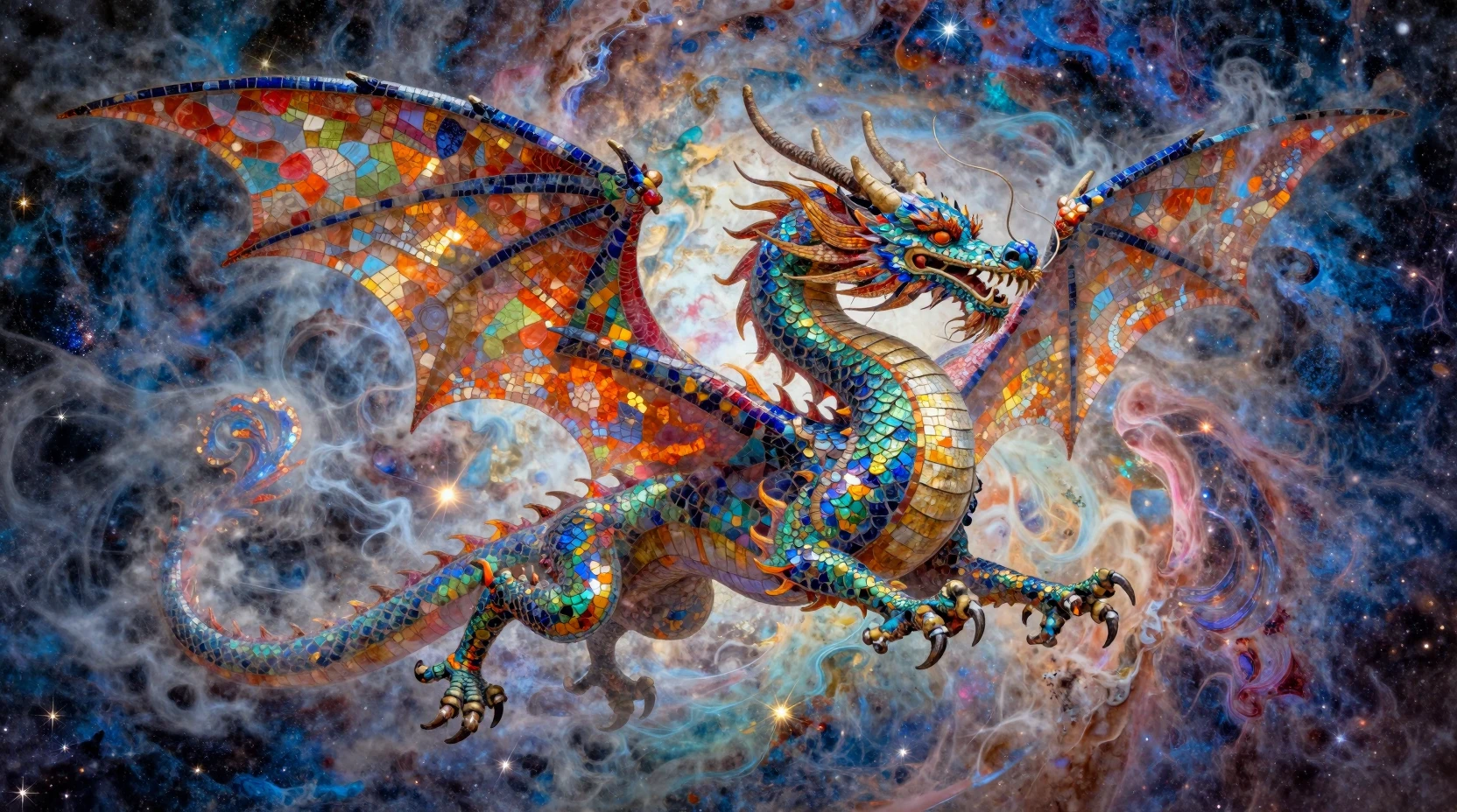 Celestial dragon soaring through a radiant cosmic nebula