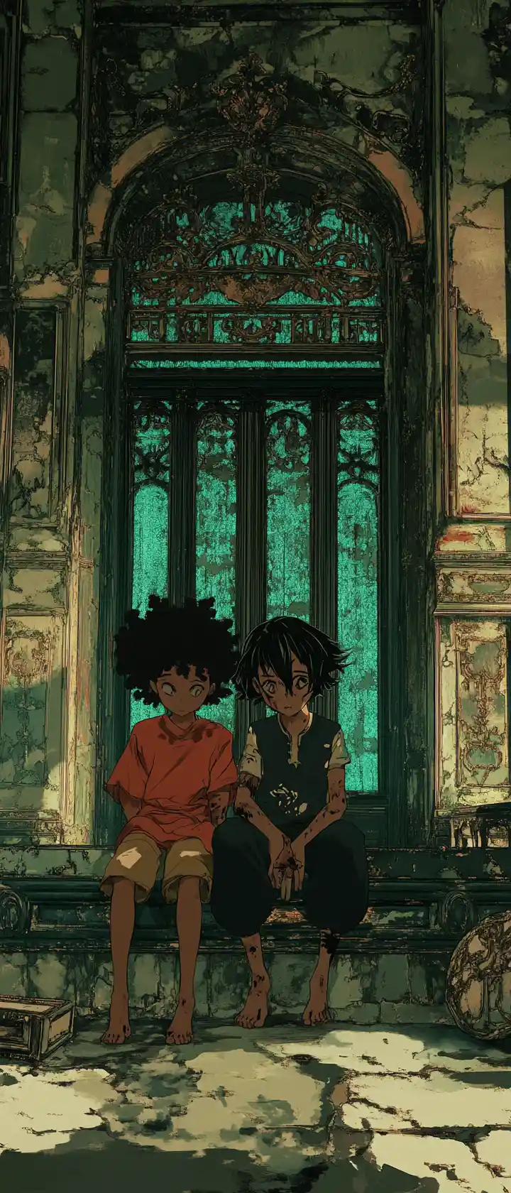 Anime children on a bench in a crumbling ornate library
