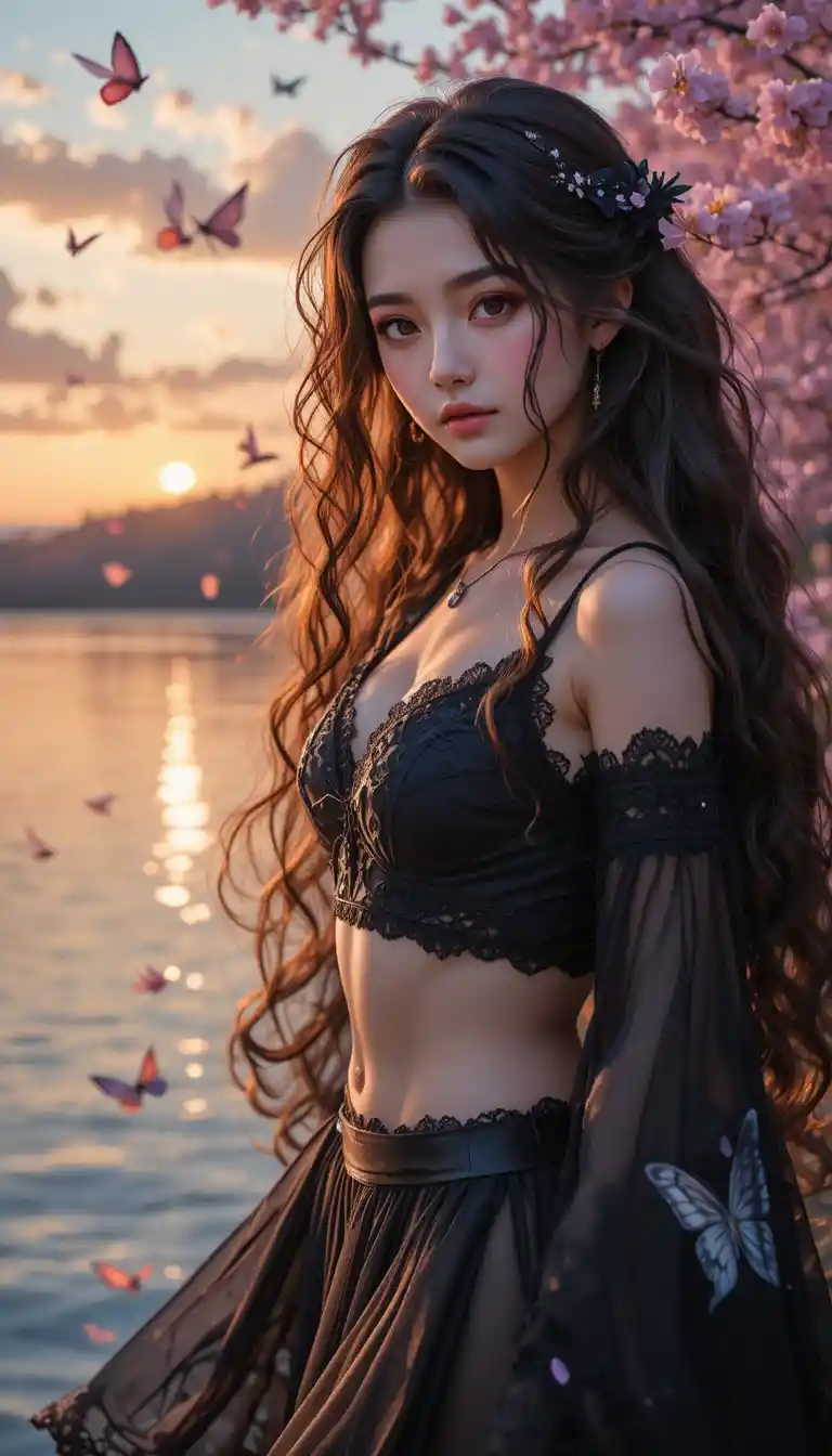 Girl with long curly hair by the waterside at sunrise