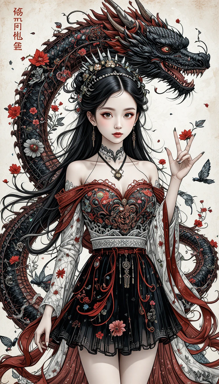 黑龍相伴的中國龍女神少女