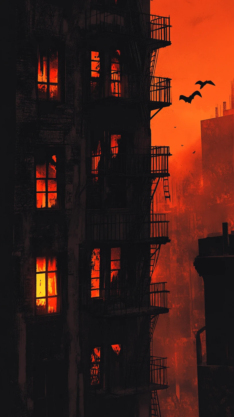 Apartment facade in orange fog with glowing red windows