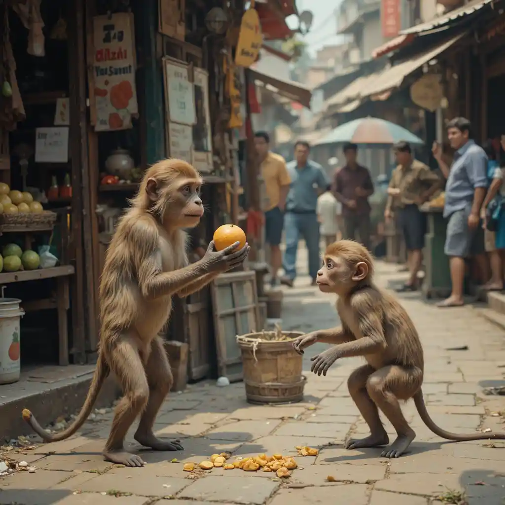 Mischievous monkey stealing fruit from an angry shopkeeper