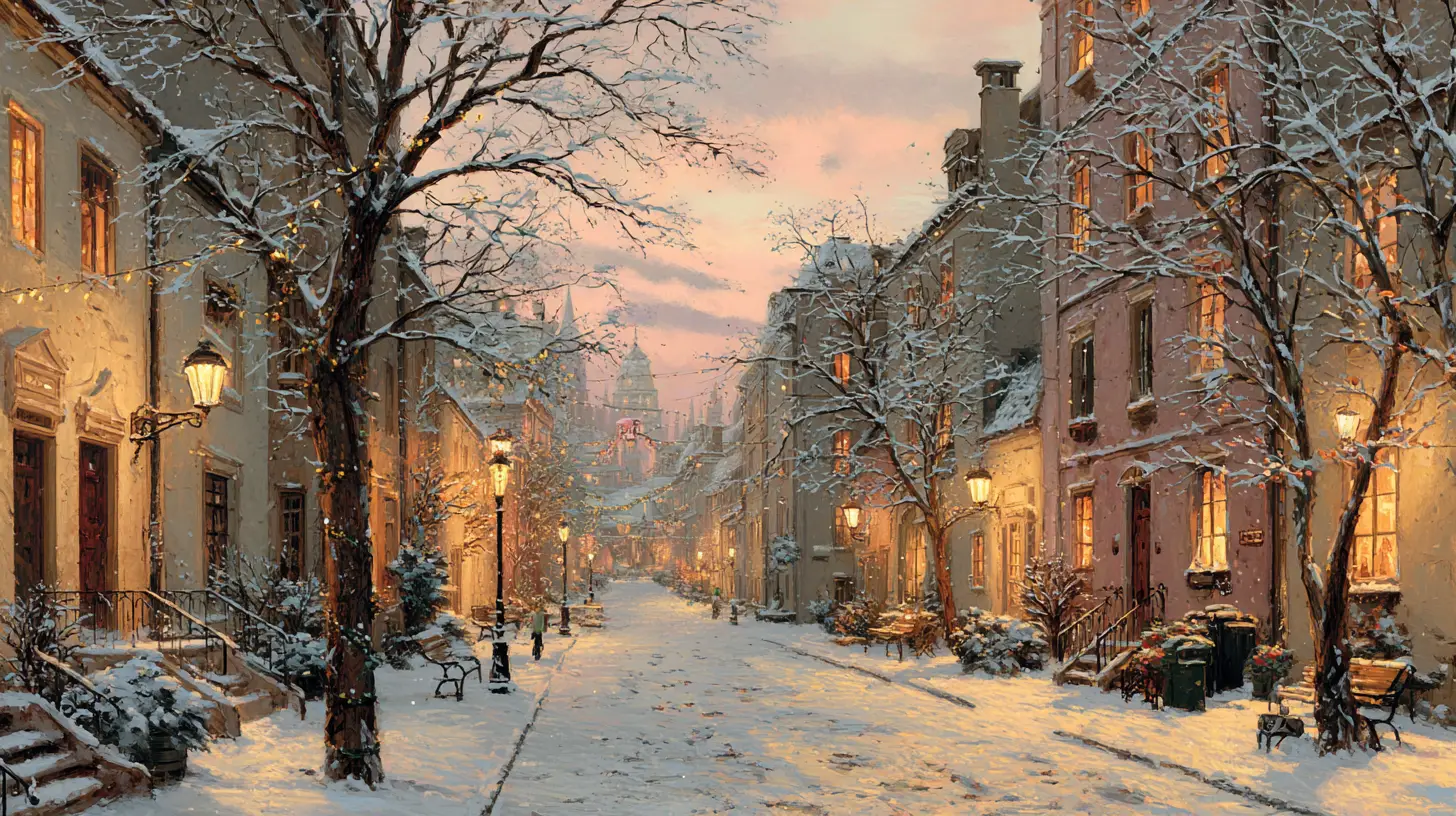 Quiet snow covered town street with glowing windows