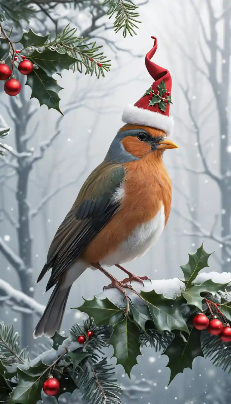 Erhabener Wintervogel mit Stechpalmen-Weihnachtsmütze im Schnee