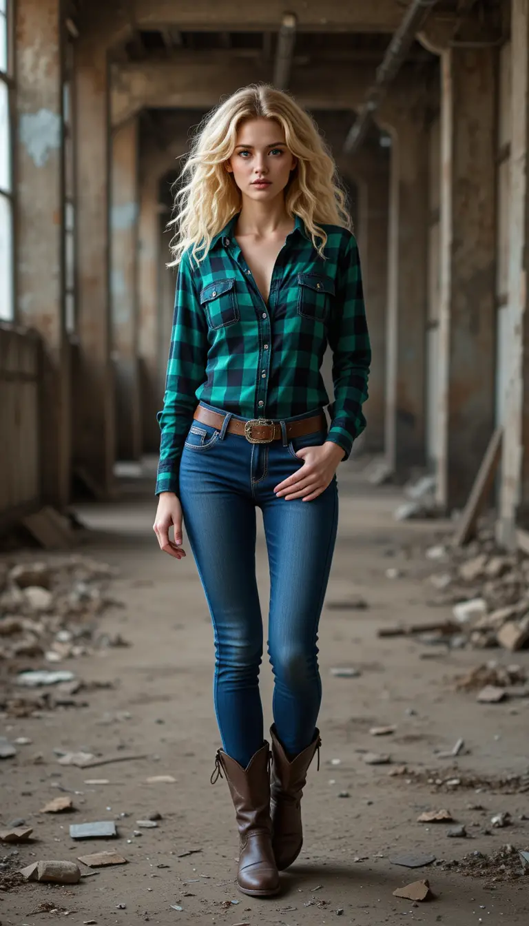 Blonde woman in plaid shirt posing in abandoned factory