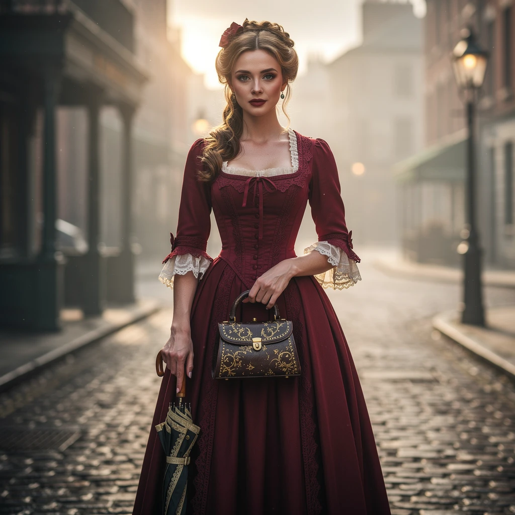 Young woman in red victorian dress on a city street