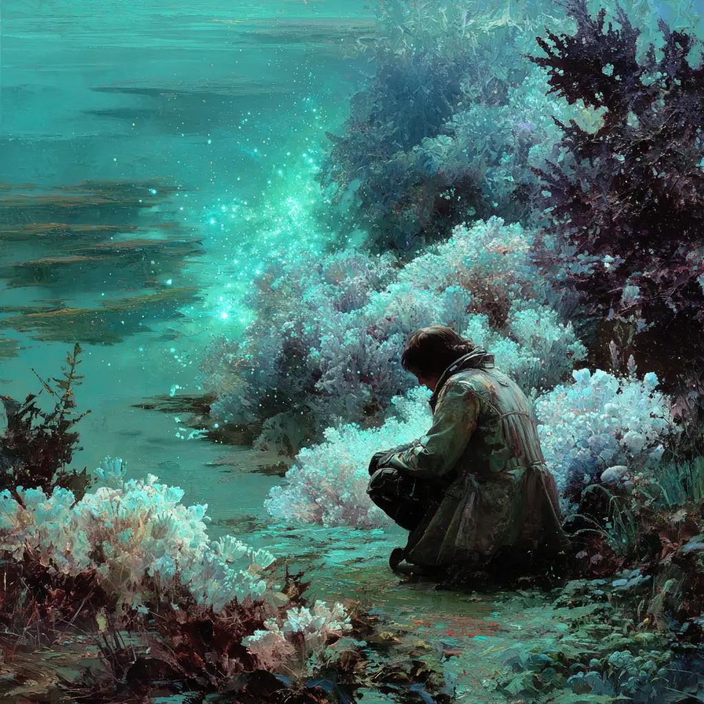 Alien traveler discovering a luminous fantasy star garden