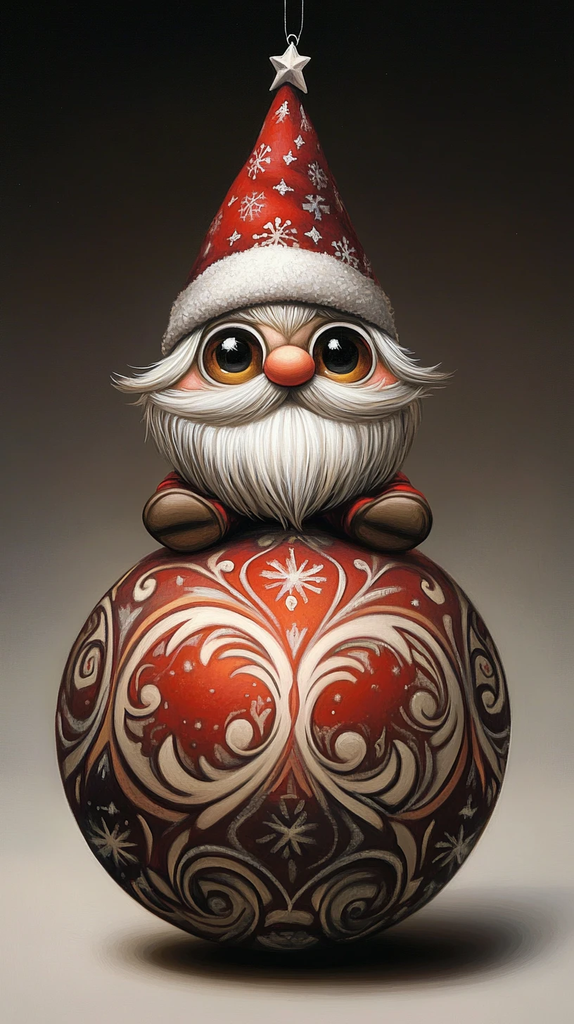 Cute gnome perched on a colorful Christmas ornament