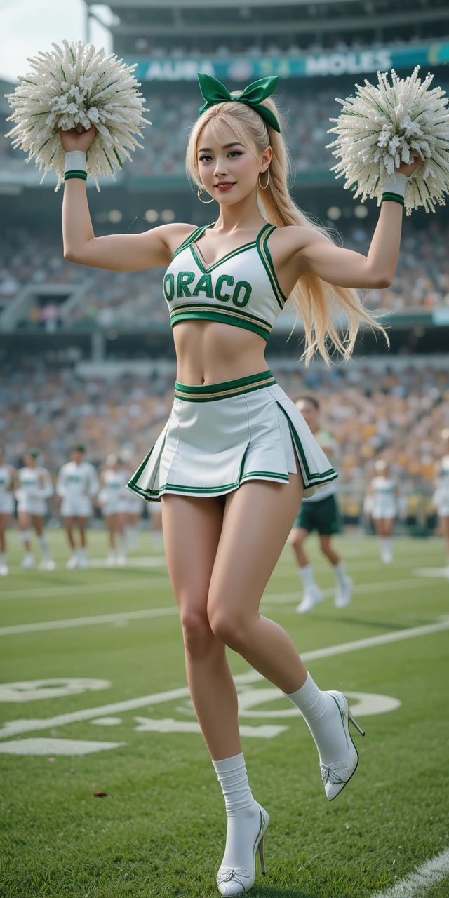 Blonde cheerleader jumping on football field with pompoms