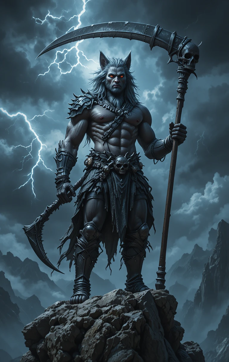 Muscular wolf warrior standing on a stormy rocky cliff