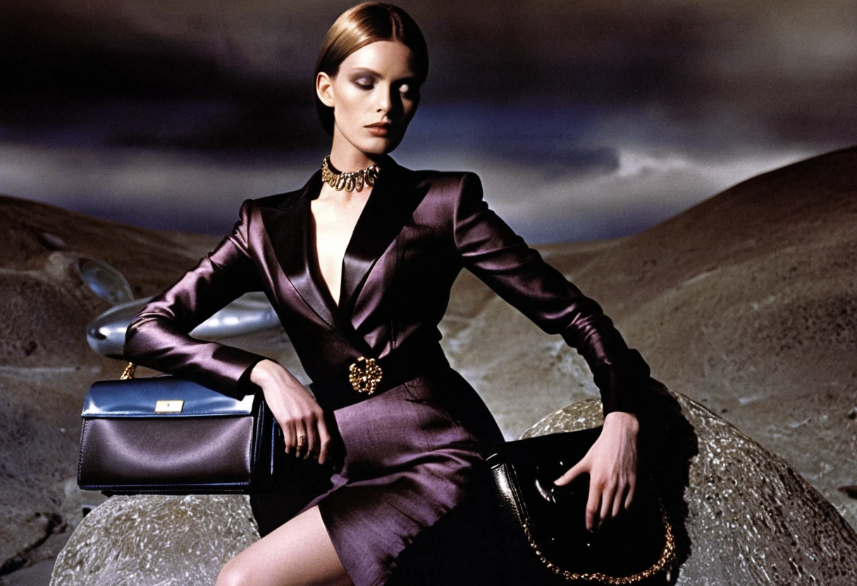 Fashion model in black outfit posing with luxury handbag