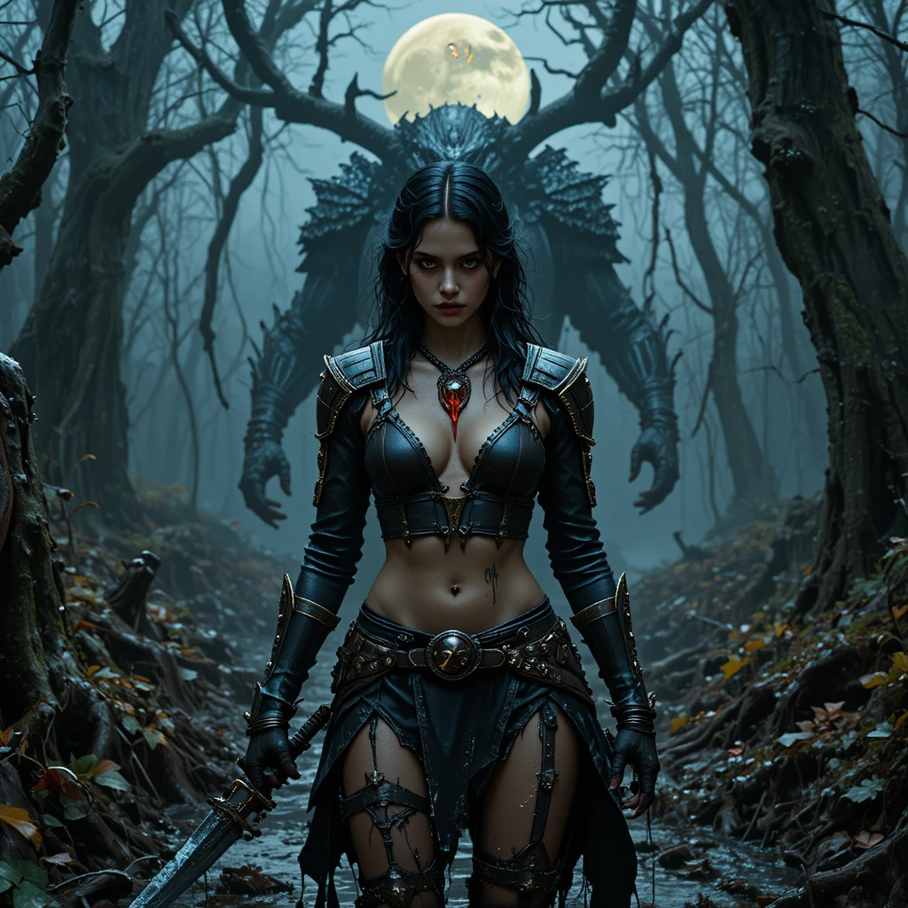 Young witch drinking potion in a stormy cursed forest