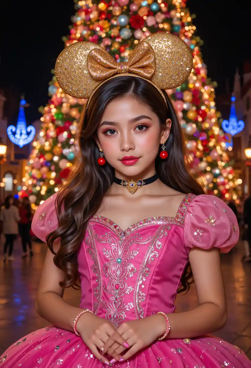 Tween-Junge im Mädchenkleid vor dem Disneyland-Weihnachtsbaum