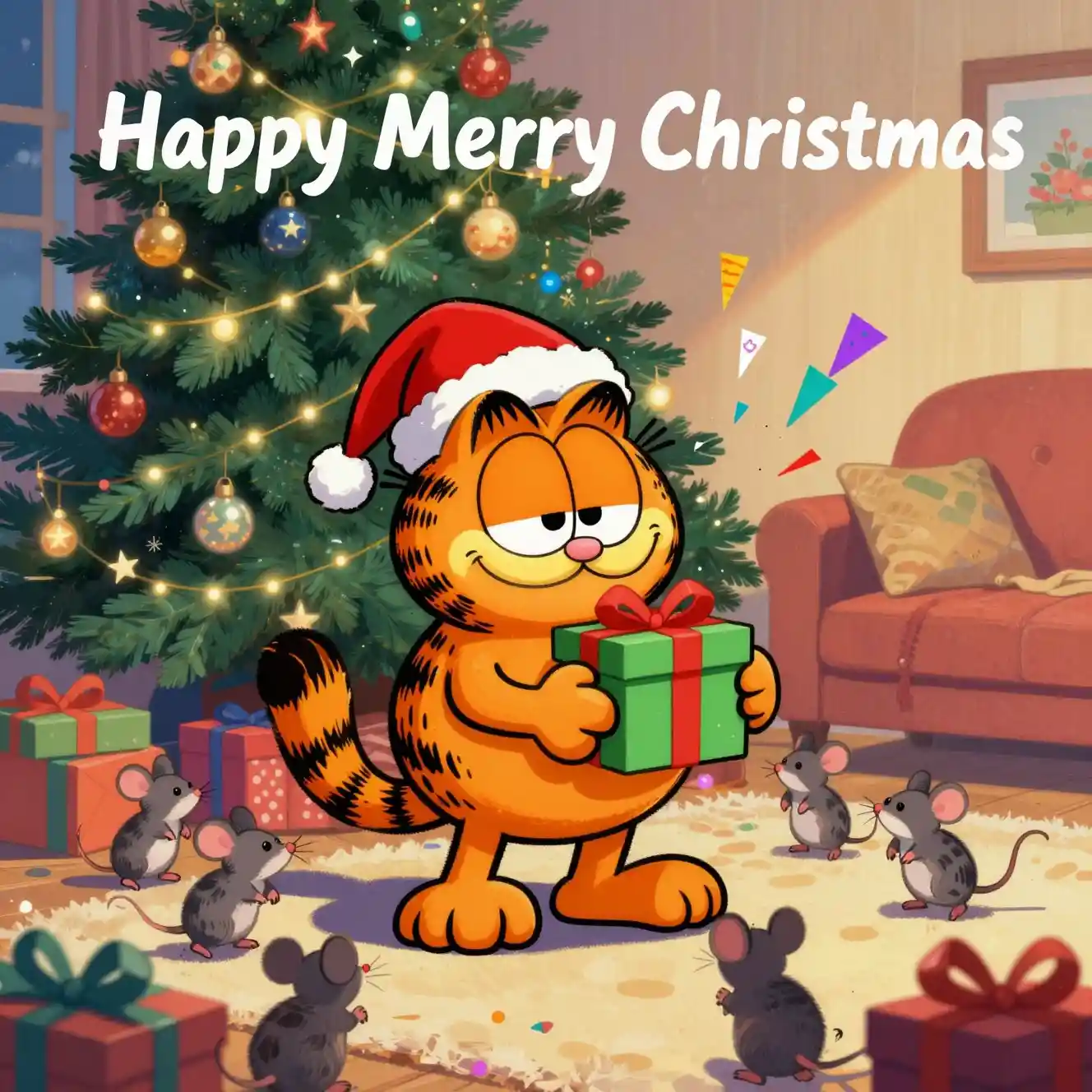 Chubby Christmas cat smiling before a colorful tree