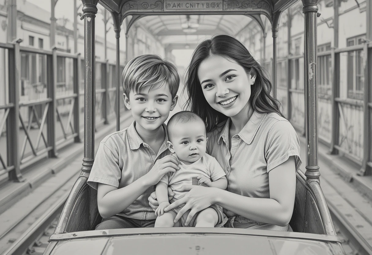 Famille joyeuse dans une petite voiture de manège