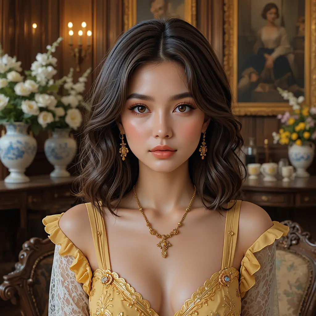 Young woman in yellow dress in vintage floral interior