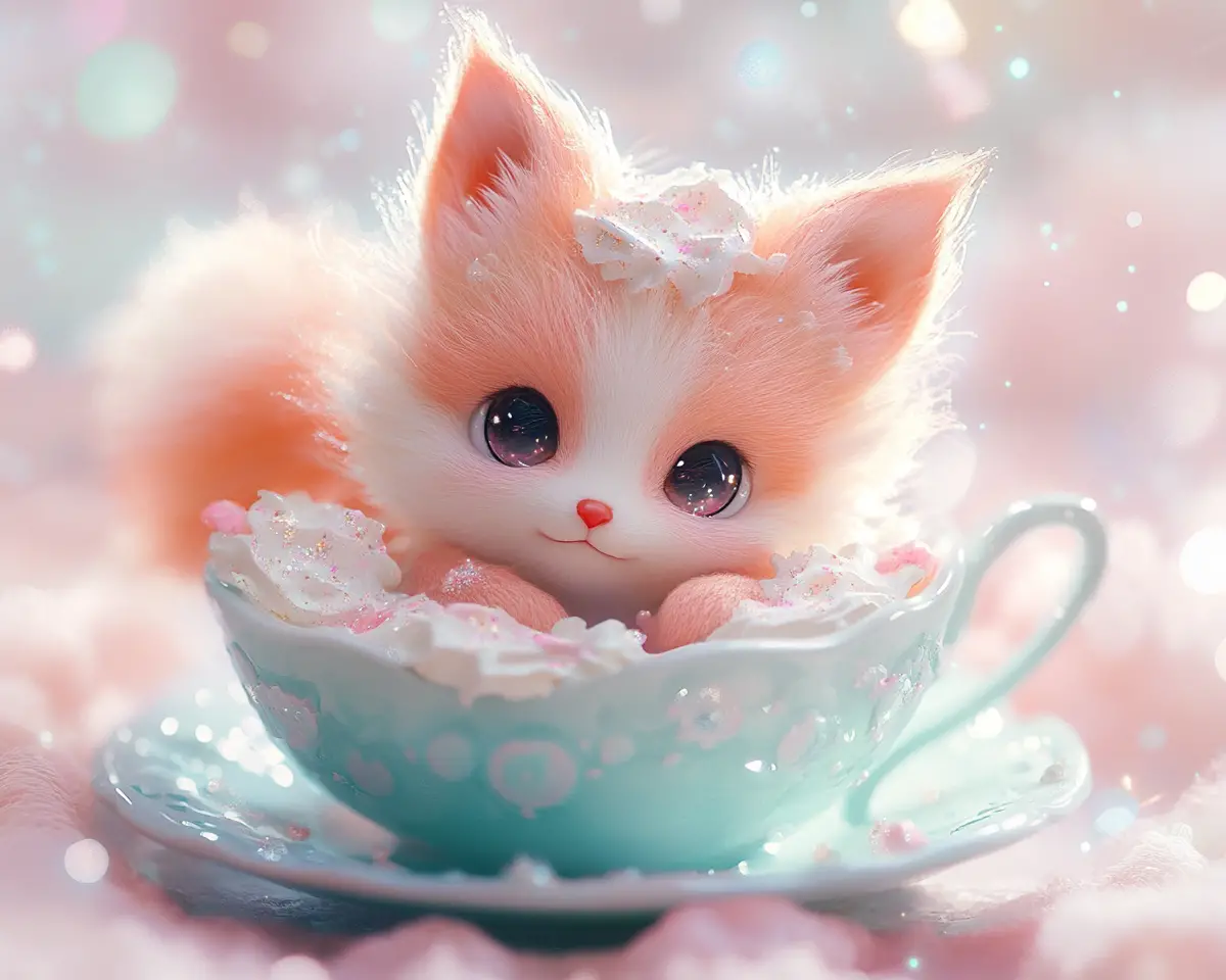 Adorable Baby Fox Curled In A Porcelain Tea Saucer