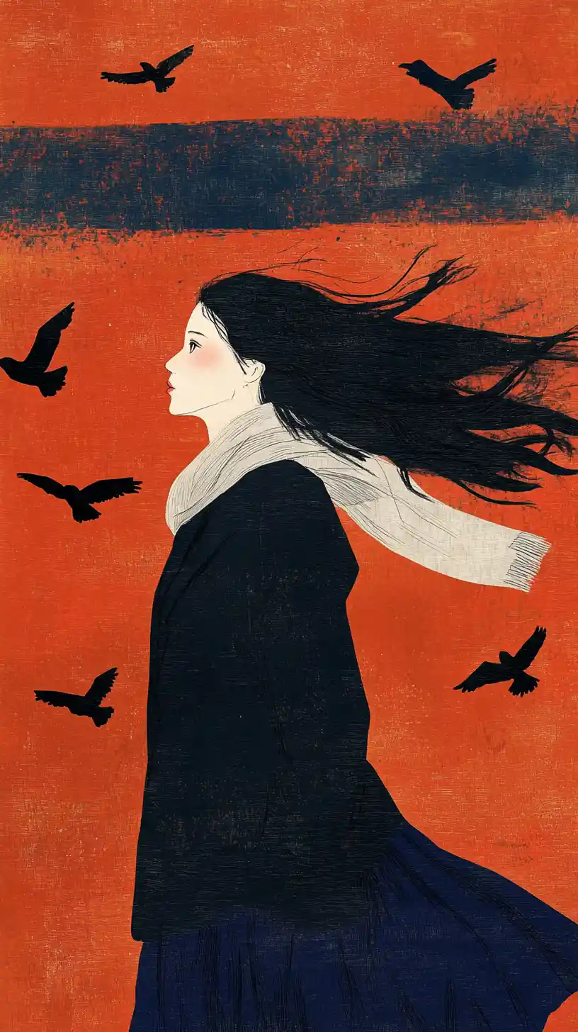 Young woman in motion against abstract red and blue sky