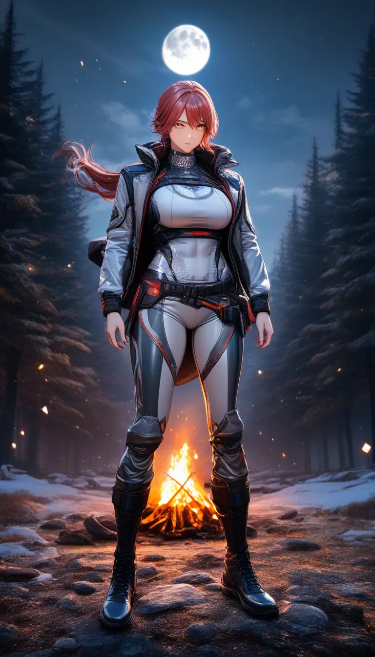 Athletic moon eyed huntress beside a campfire at night
