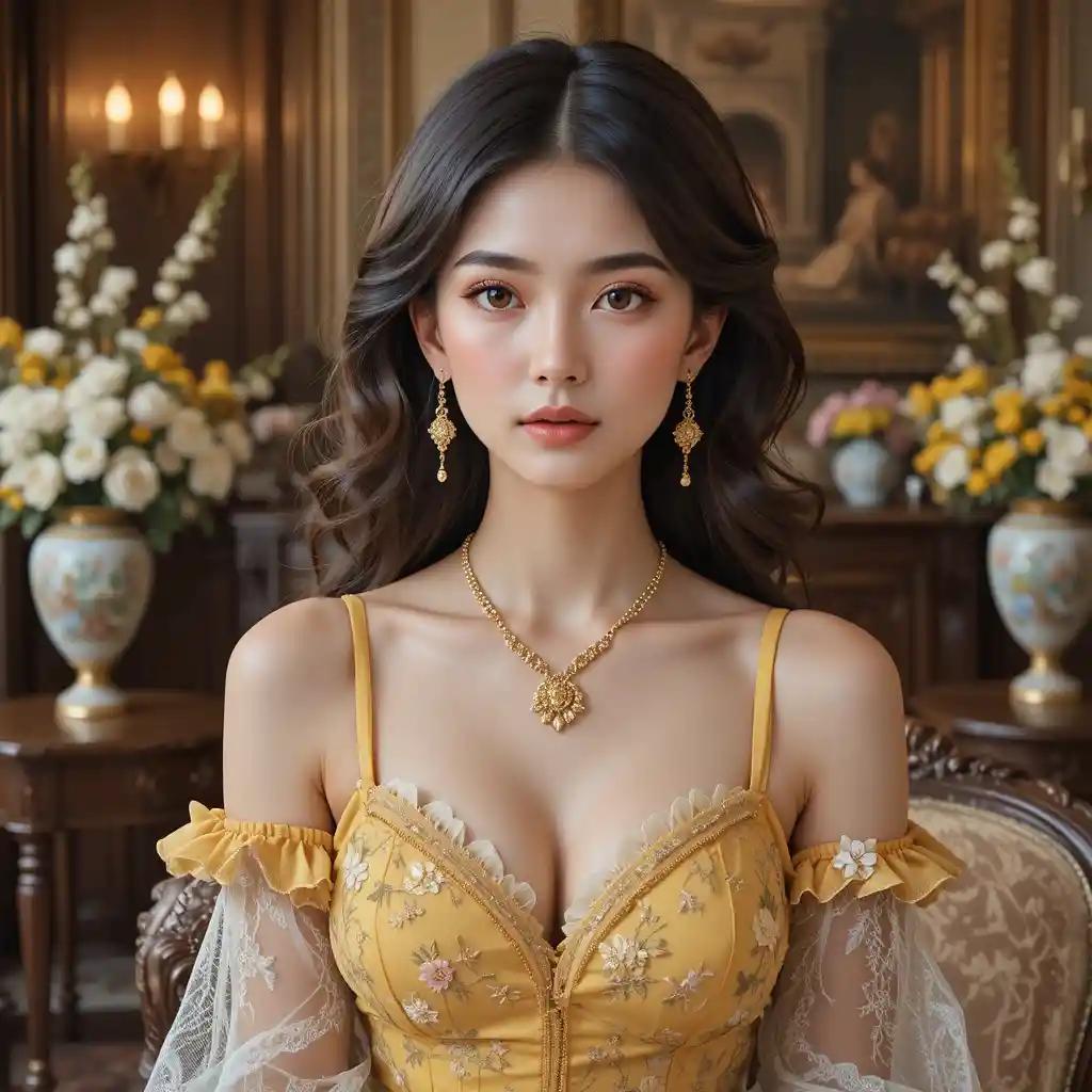 華やかなヴィンテージインテリアの黄色いドレスの若い女性