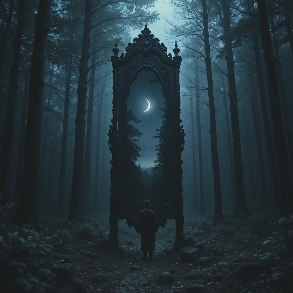 高聳森林鏡映照陰鬱夜色景觀