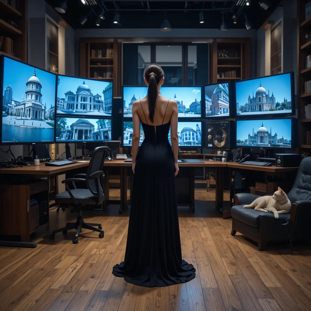 Woman in black gown watching multiple studio screens