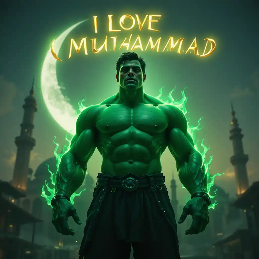 Green superhero in spiritual night scene with mosque and moon