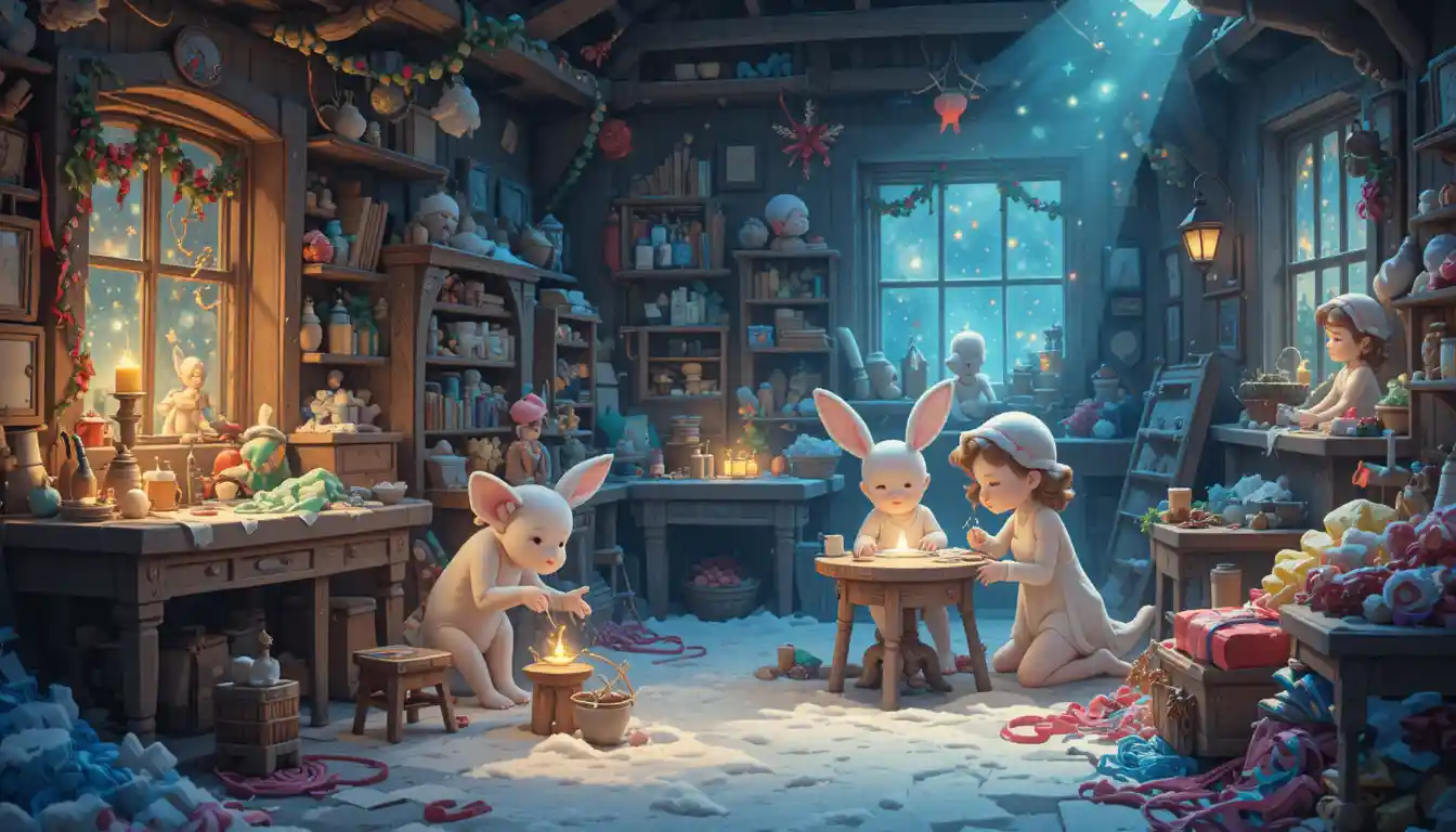 Magische Spielzeugwerkstatt, die vor der Weihnachtsnacht warm leuchtet