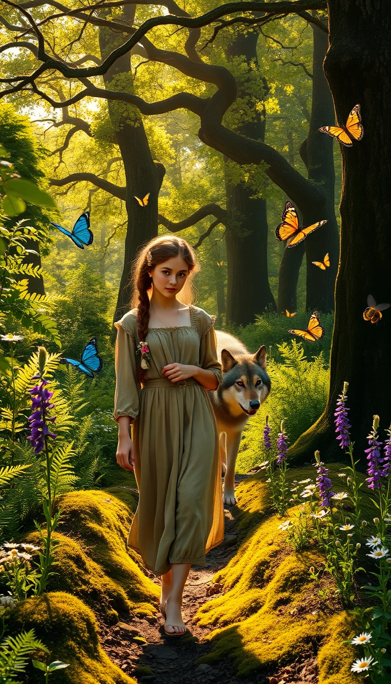 Peasant Girl Walking With Wolf In Sunlit Summer Forest