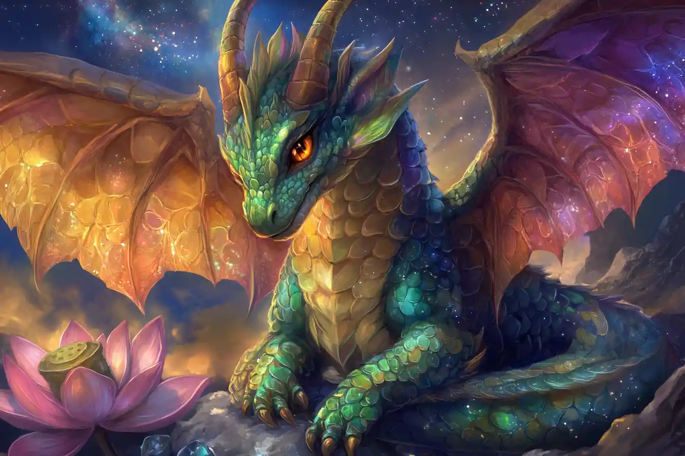 Rainbow dragon coiled around a glowing lotus flower