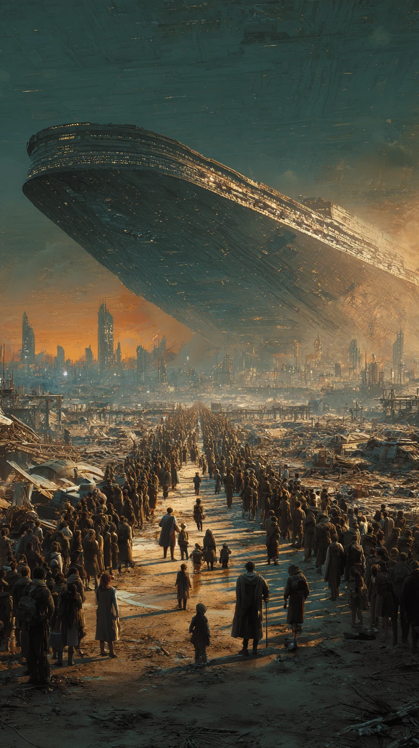 Vaisseau-arche futuriste dominant une Terre en ruine et à l’agonie
