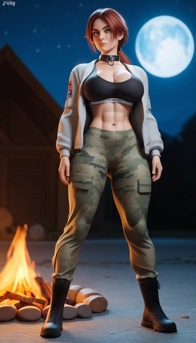 Moonlit huntress archer goddess by a glowing campfire