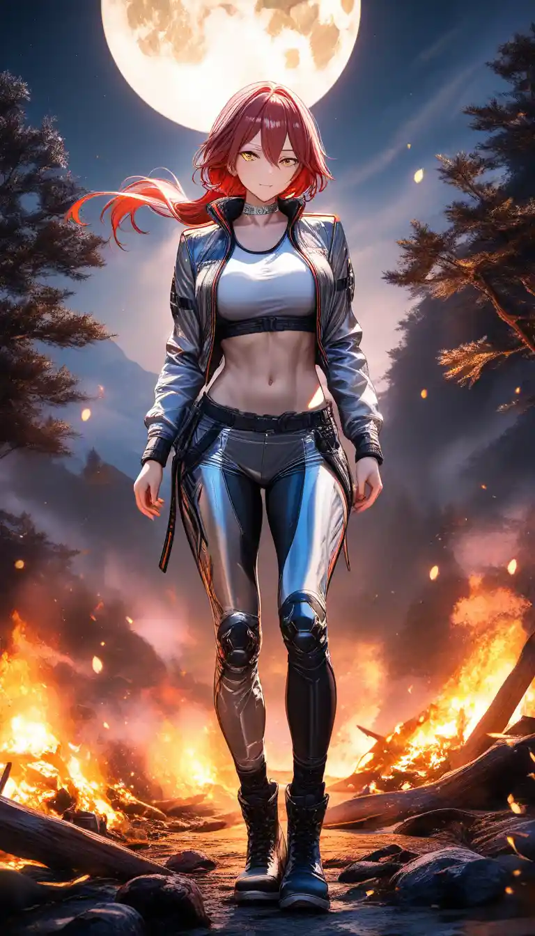 Moonlit huntress standing by a campfire in armor inspired gear
