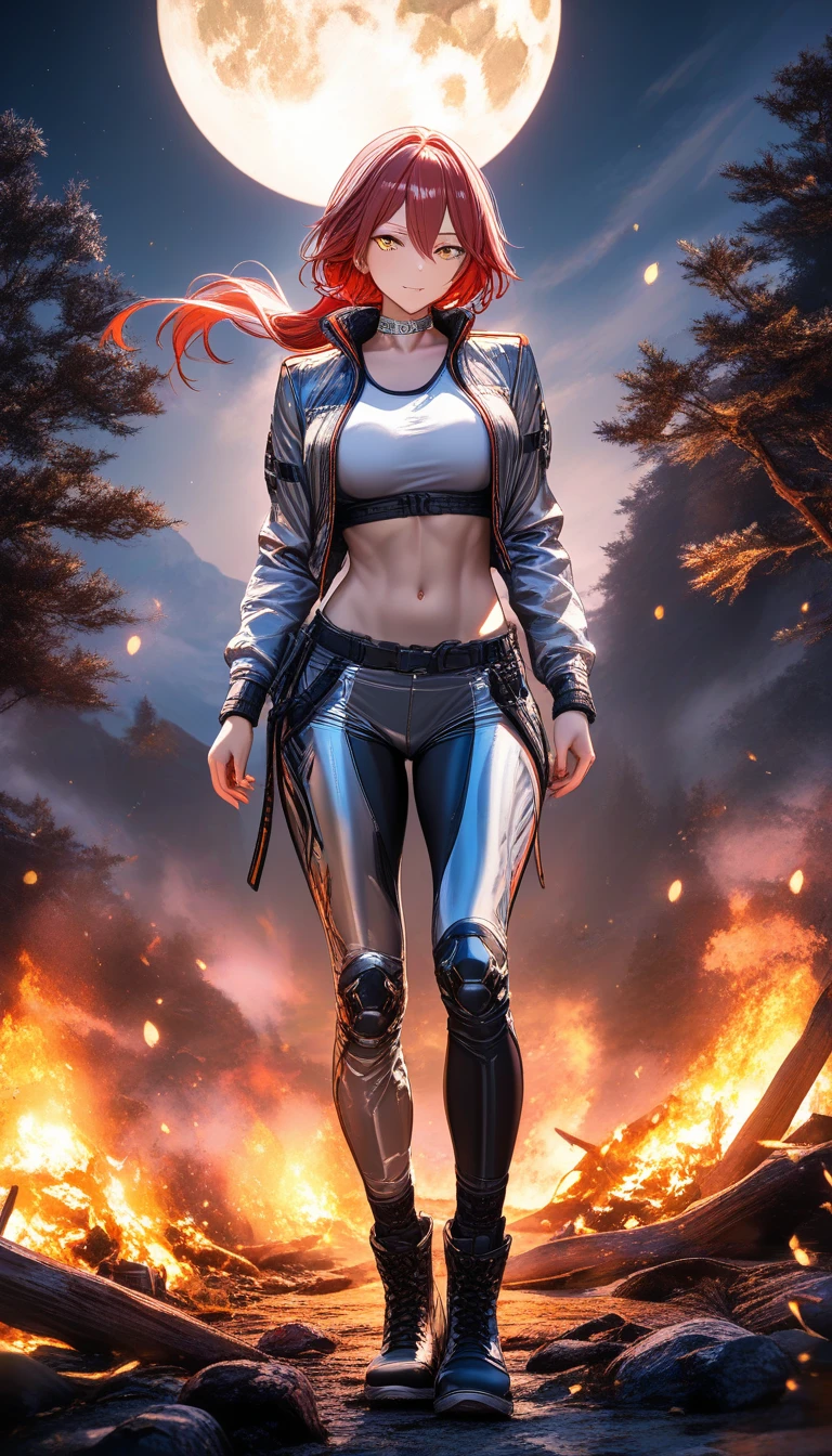 Moonlit huntress standing by a campfire in armor inspired gear