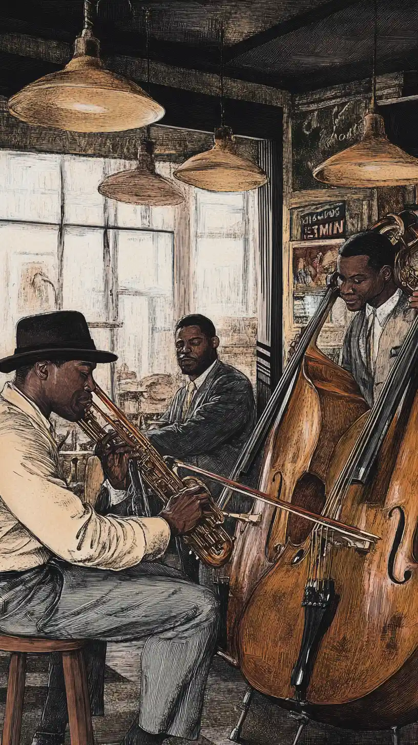 Groupe de jazz de cinq musiciens dans un club vintage chaleureux