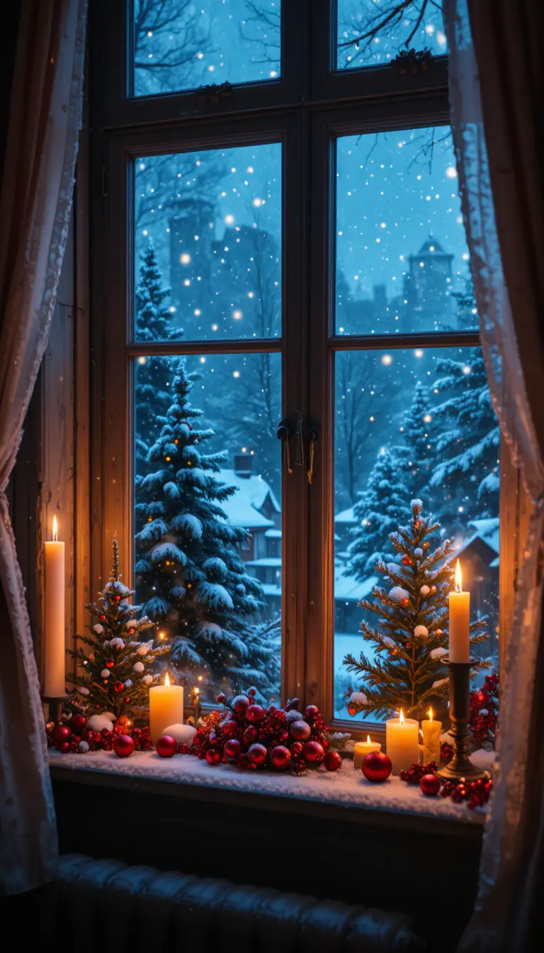 Salon de Noël chaleureux avec bougies lumineuses et fenêtre enneigée