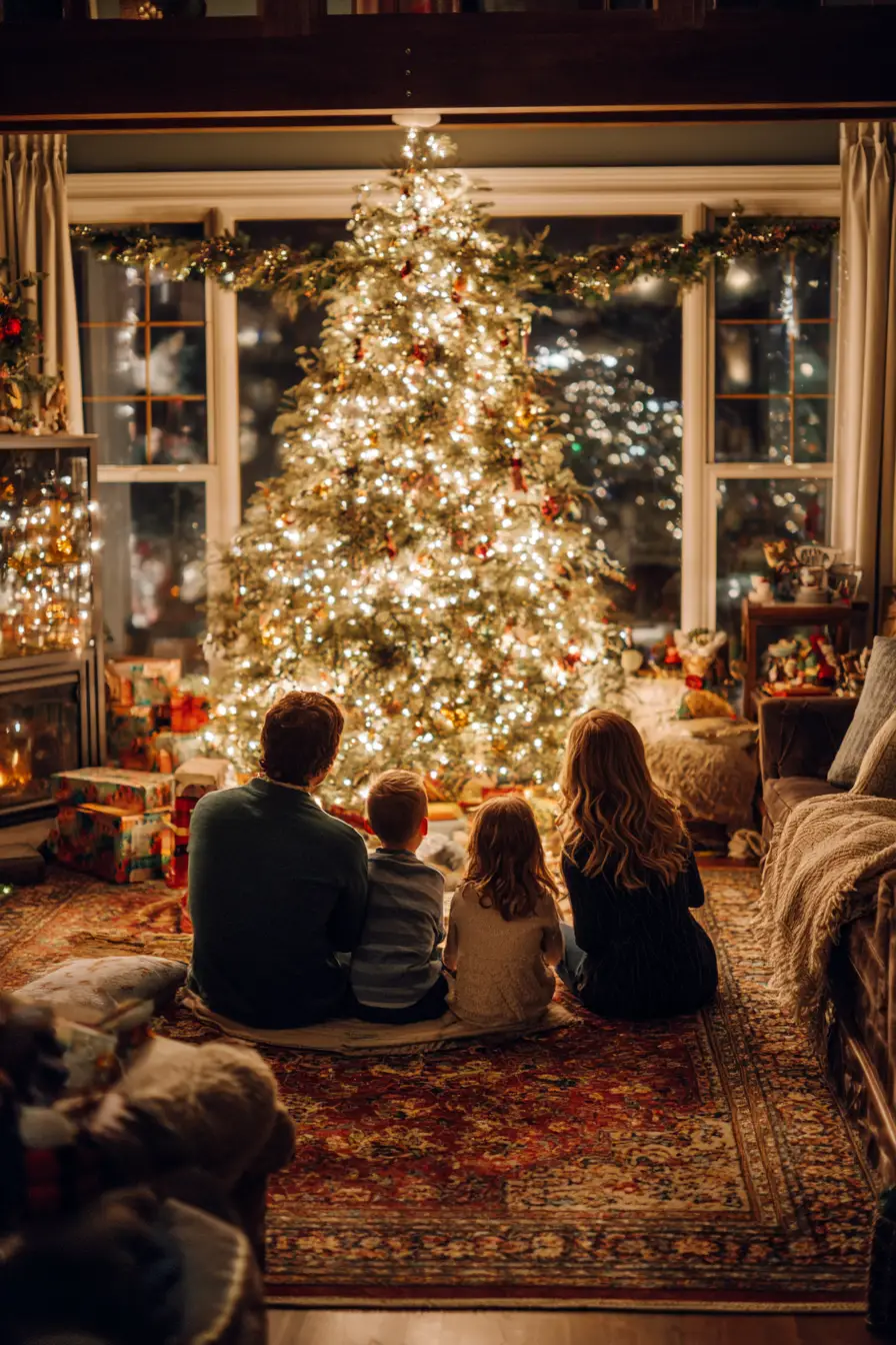 Family gathered by a festive Christmas tree at home