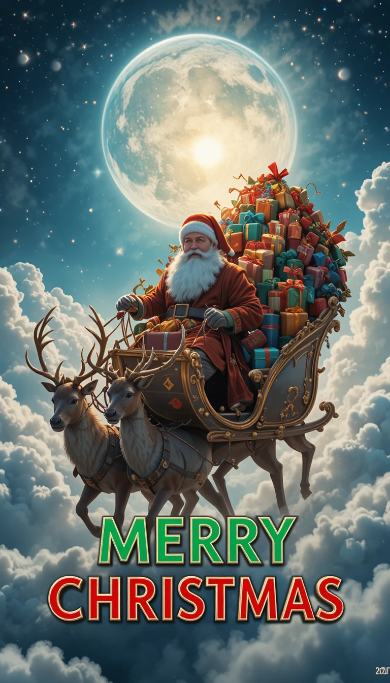 Santa Claus rides his flying sleigh through dreamy clouds