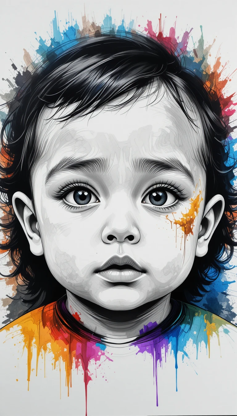 Black and white vector portrait of an innocent baby