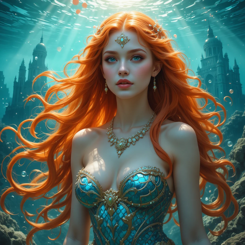 Mistica dea del mare con fluenti ricci arancioni sott’acqua
