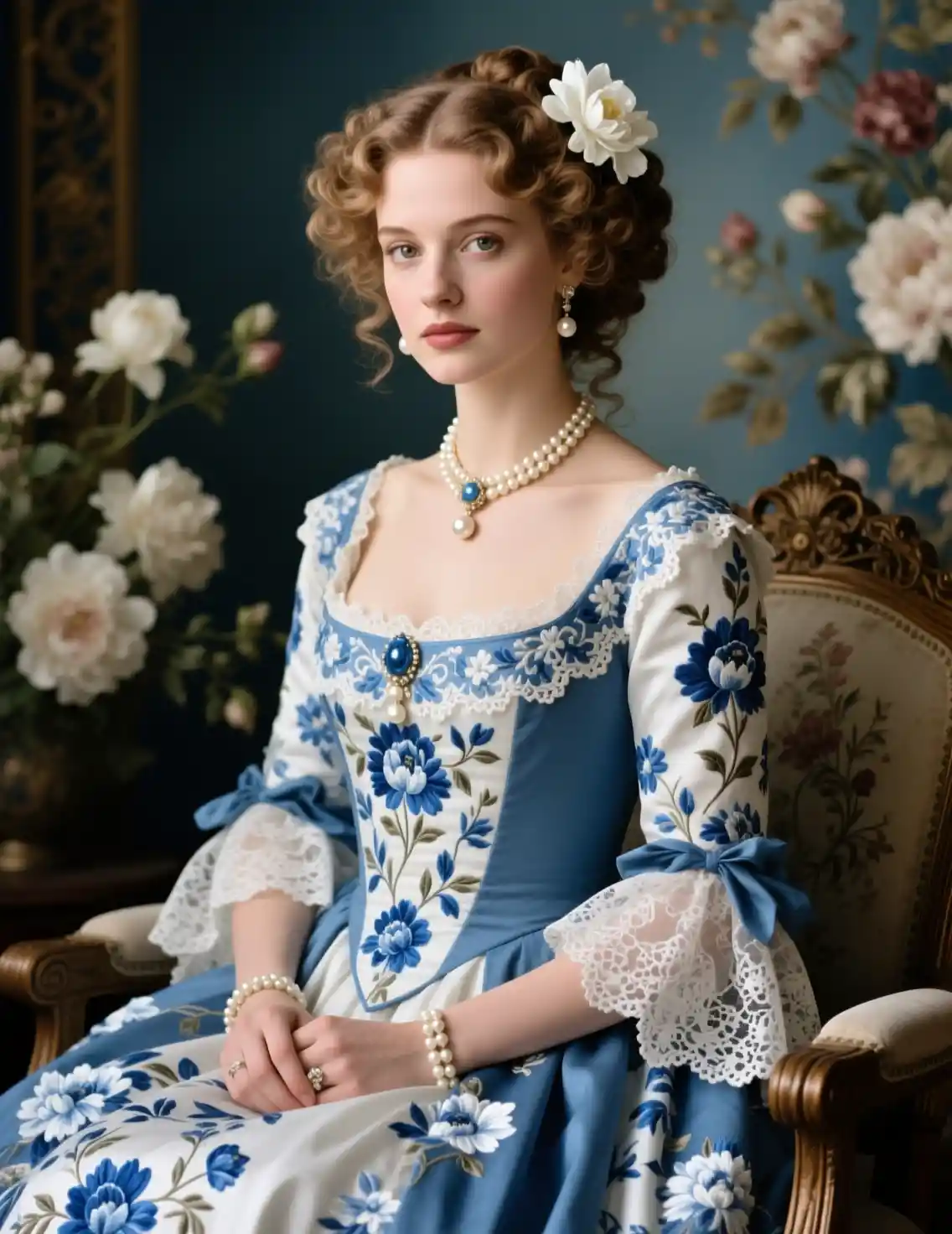 Elegant woman in vintage floral gown moving toward camera