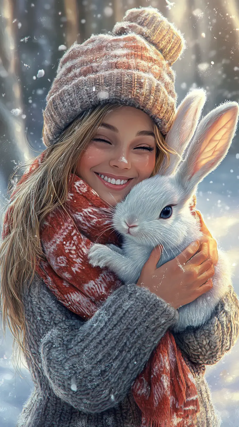 Girl hugging a rabbit in a snowy winter forest
